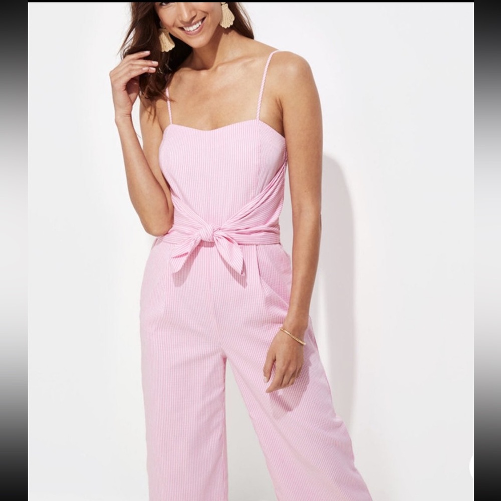 NEW 20 vineyard vines seersucker tie front jumpsuit pink and white stripe cupcak
